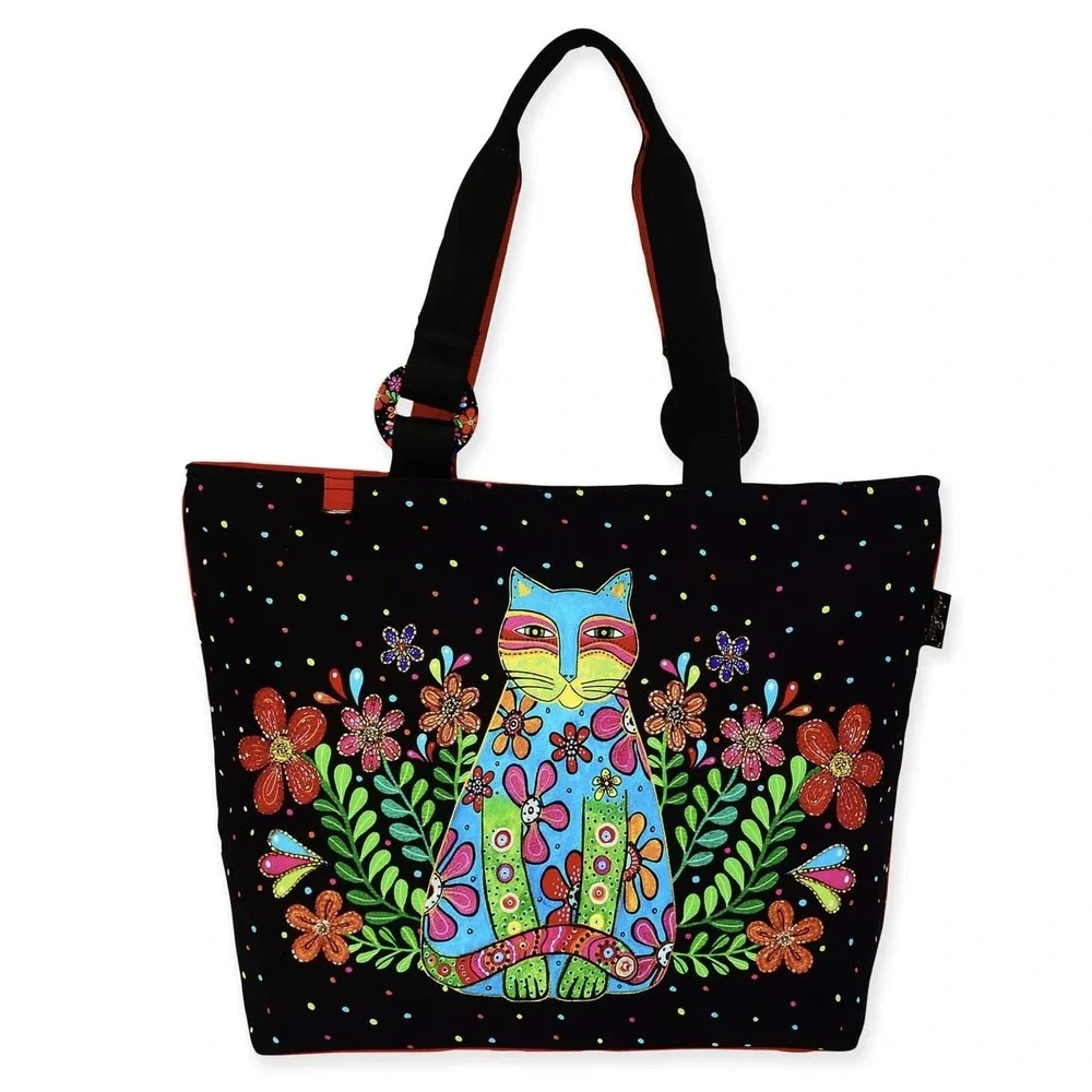Laurel Burch Large Tote Bag 21x15x6.5 Cat Floral Canvas Black Multi Zip Pocket